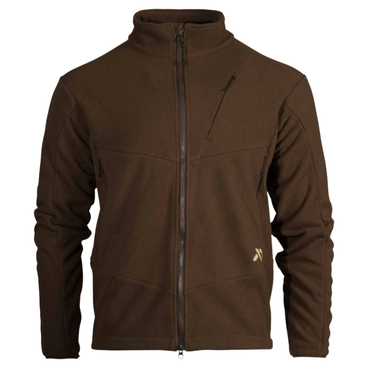 Brown full-zip fleece jacket with a stand-up collar, angled zippered chest pocket, and a light-colored logo on the lower front.