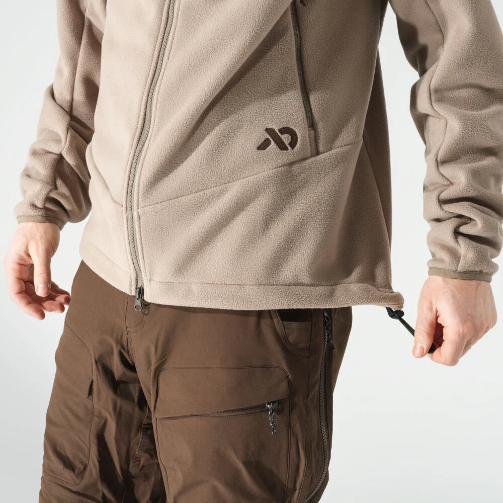 Beige full-zip fleece jacket with chest logo and drawstring hem.