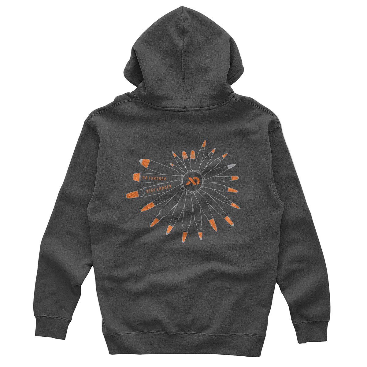 Dark grey hoodie with a back print of bullets arranged in a circle, featuring orange tips and text "GO FARTHER" and "STAY LONGER."