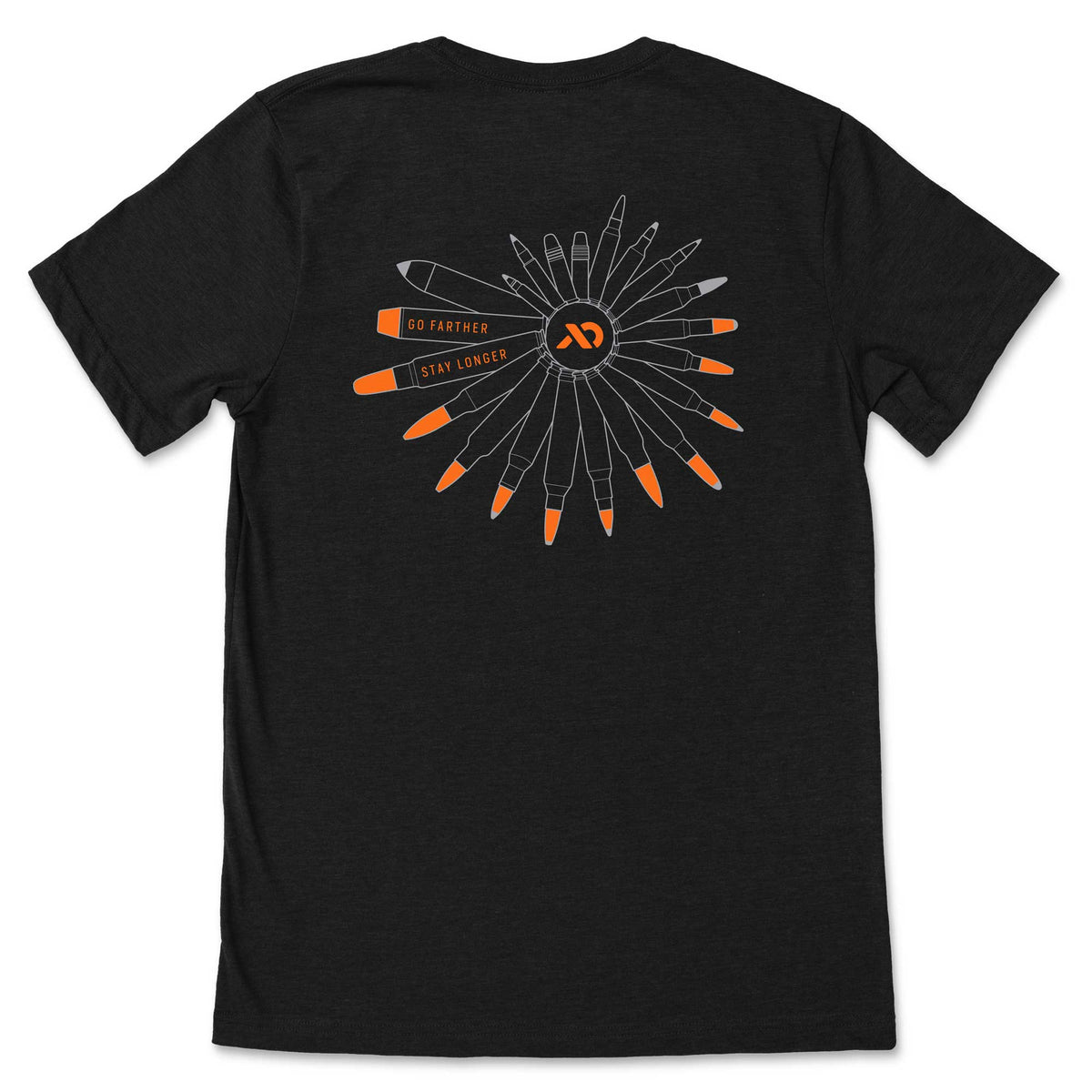 Black heathered t-shirt with a back print showing orange and gray tipped cartridges in a circular pattern around an orange logo and the text 'GO FARTHER STAY LONGER'.
