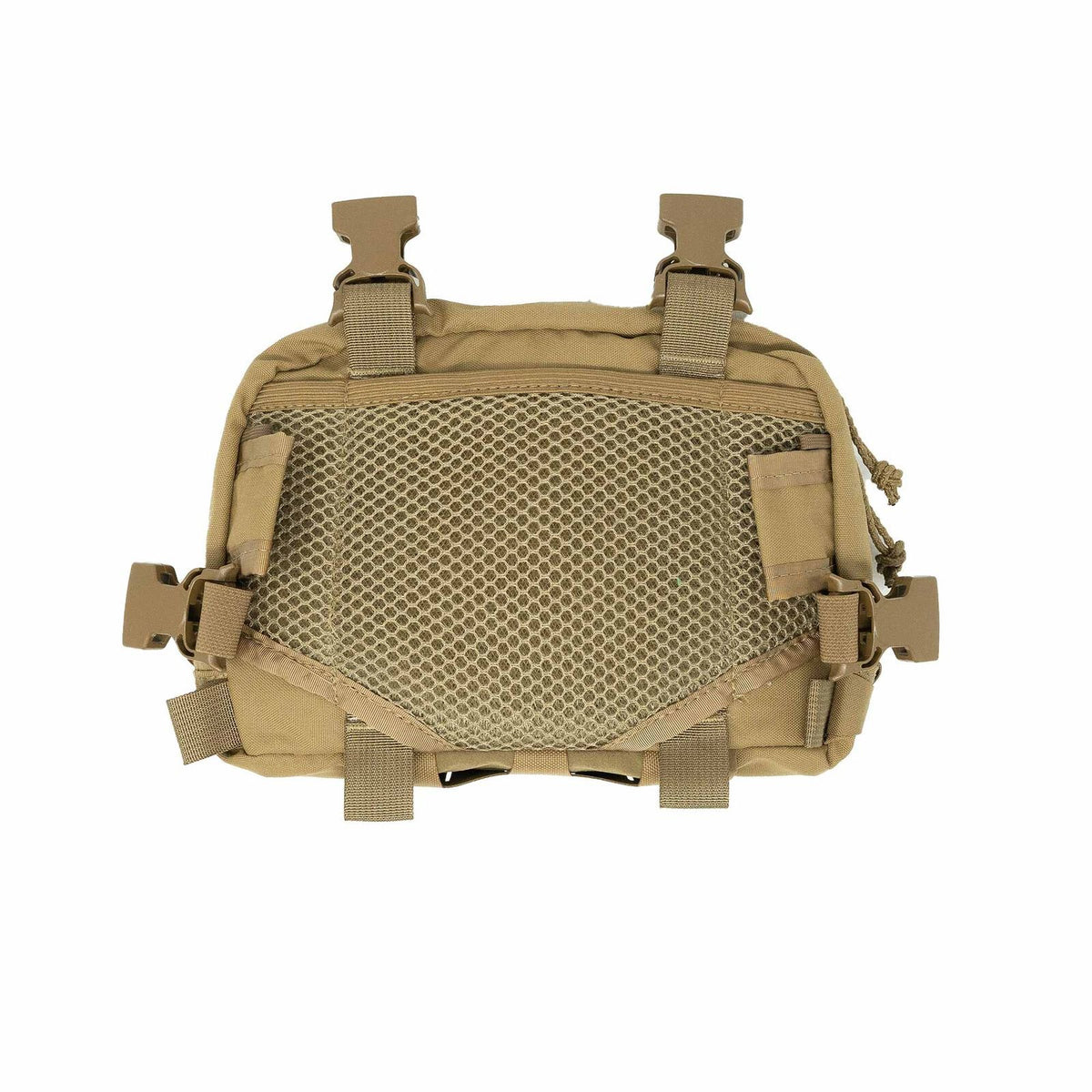 Tan utility pouch with a large mesh panel, top zipper, and multiple tan buckles.