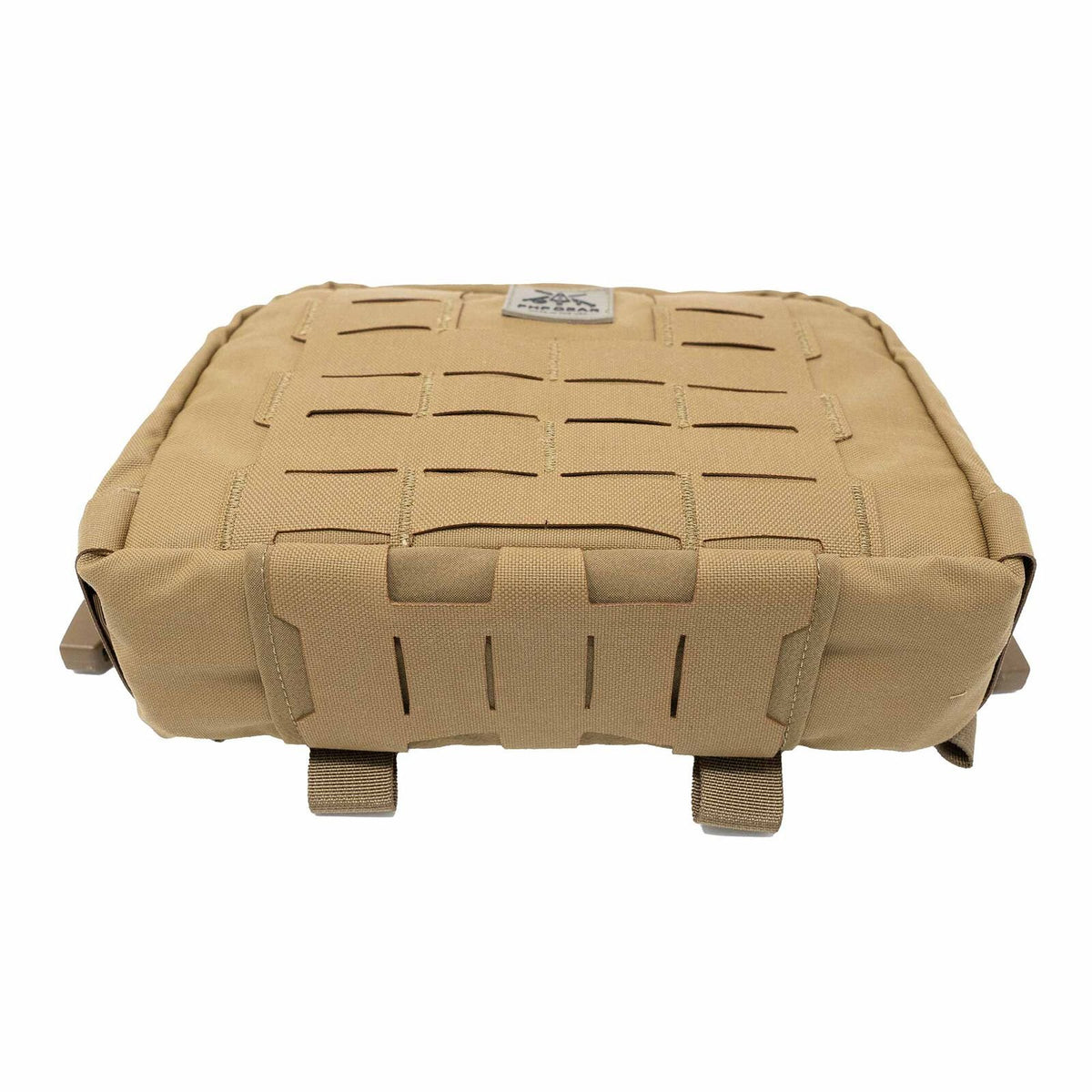 Tan tactical MOLLE pouch with laser-cut webbing on the front and attachment straps below, displaying a brand logo.