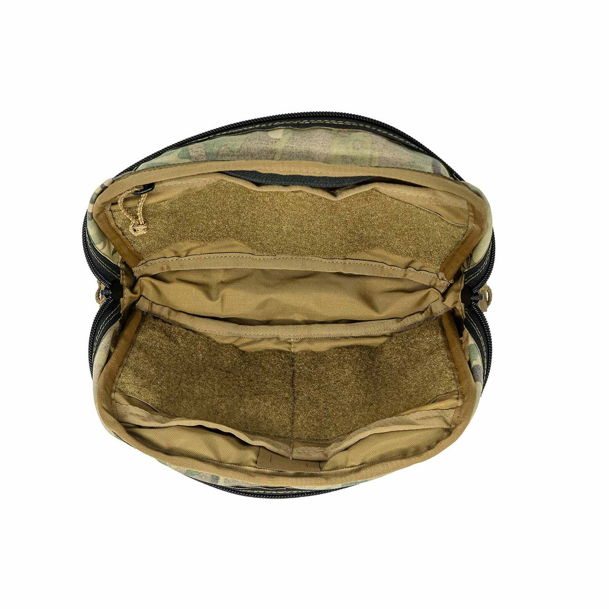 Open camouflage utility pouch revealing a tan interior with multiple pockets and hook-and-loop panels.