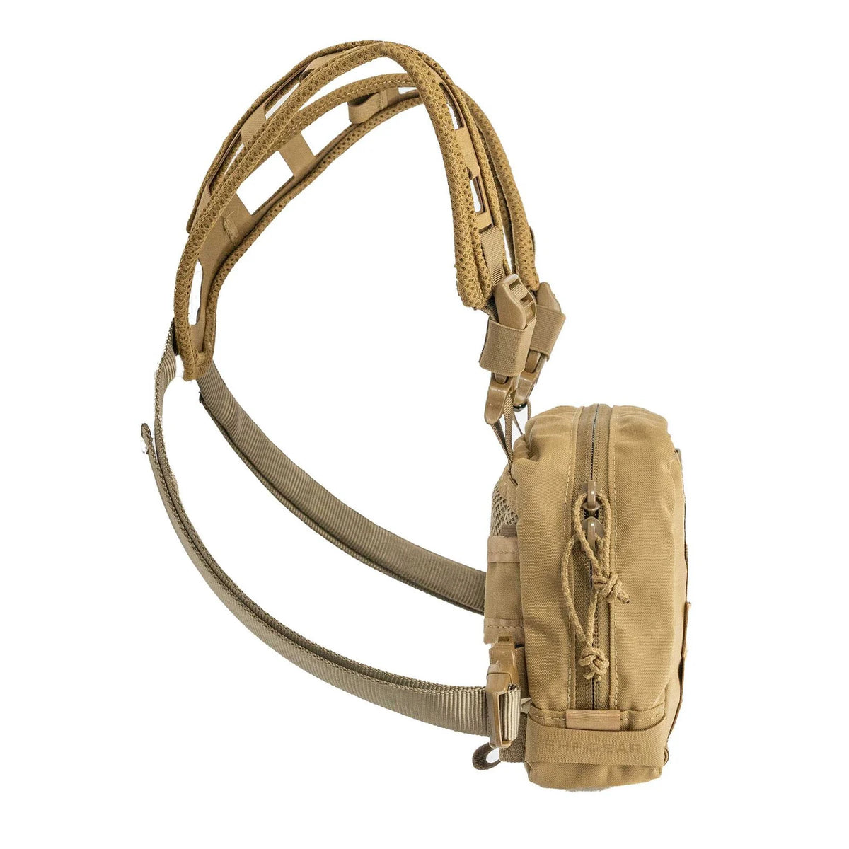 Tan FHF GEAR chest rig with a zippered main pouch, mesh side pocket, and a perforated shoulder harness.
