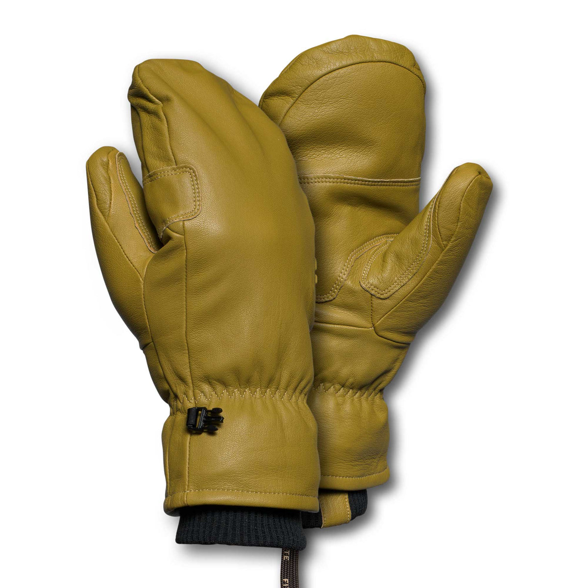A pair of olive green leather mittens with dark ribbed cuffs, elasticized wrists, and a black connecting clip.