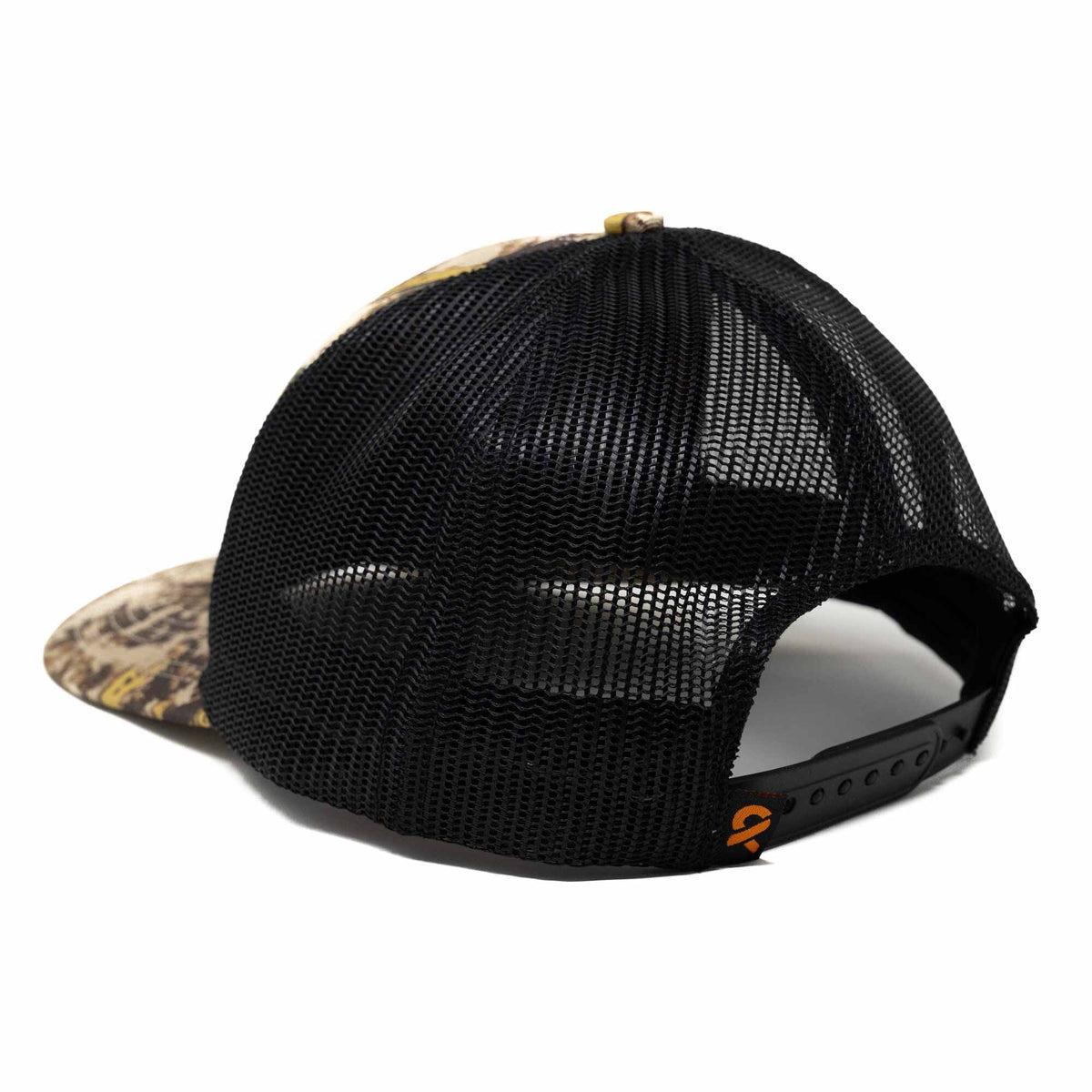 Camo trucker cap with a black mesh back, black snapback closure, and a small orange logo.