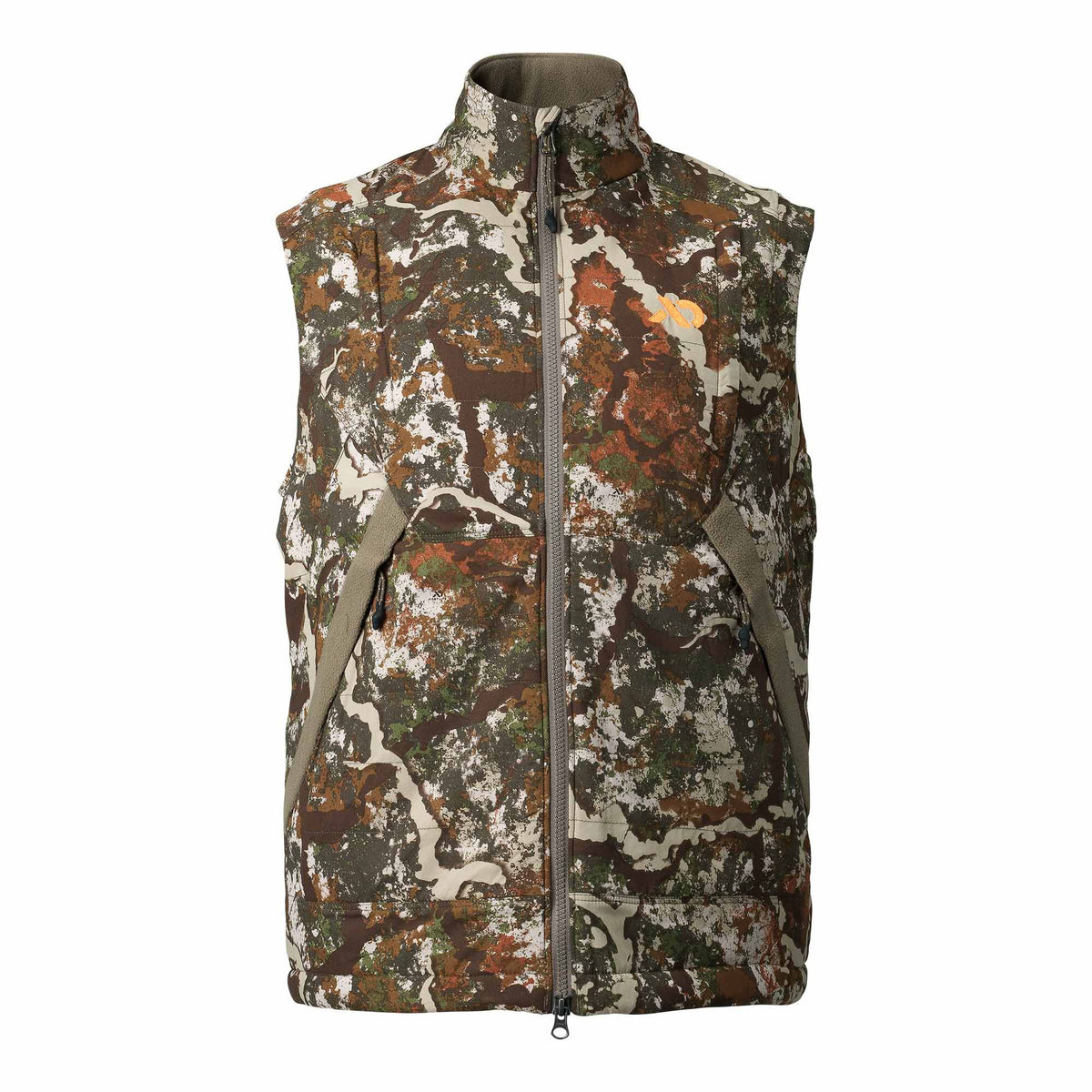 Forest camouflage hunting vest with a full-zip front, stand-up collar, orange chest logo, and olive textured side panels with zippered pockets.