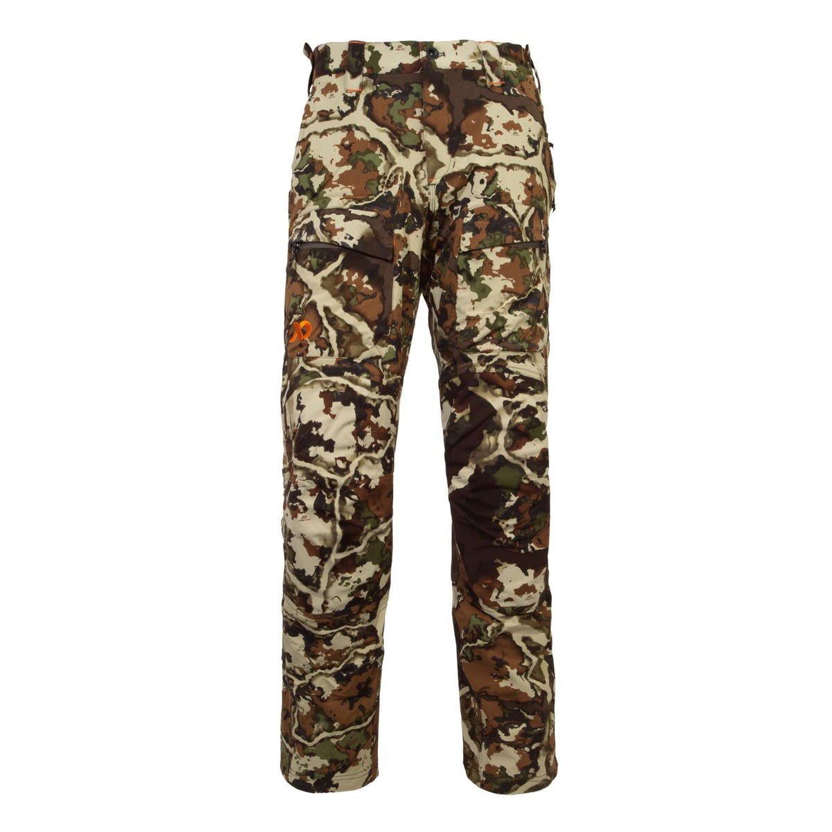 Multi-tone camouflage hunting pants featuring zippered cargo pockets and an orange logo on the left thigh.