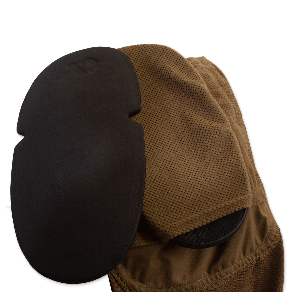 Black contoured protective pad with a 'JP' logo, partially inserted into a coyote brown perforated mesh sleeve.