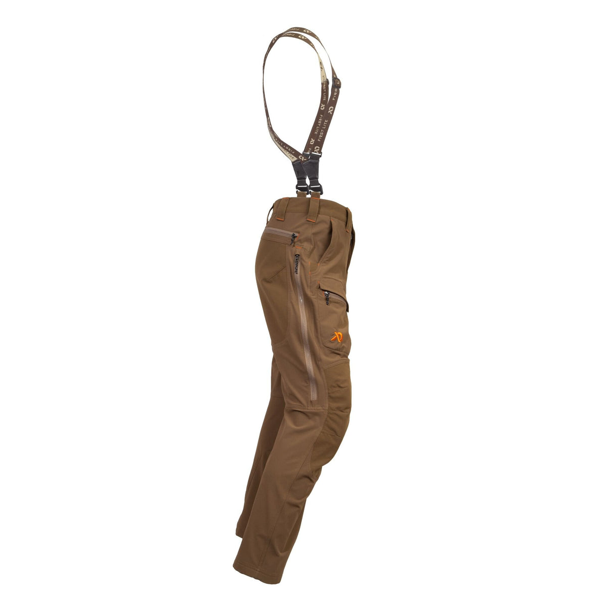 Brown technical pants with branded suspenders, zippered thigh pockets, full-length side zippers, and orange accent details.