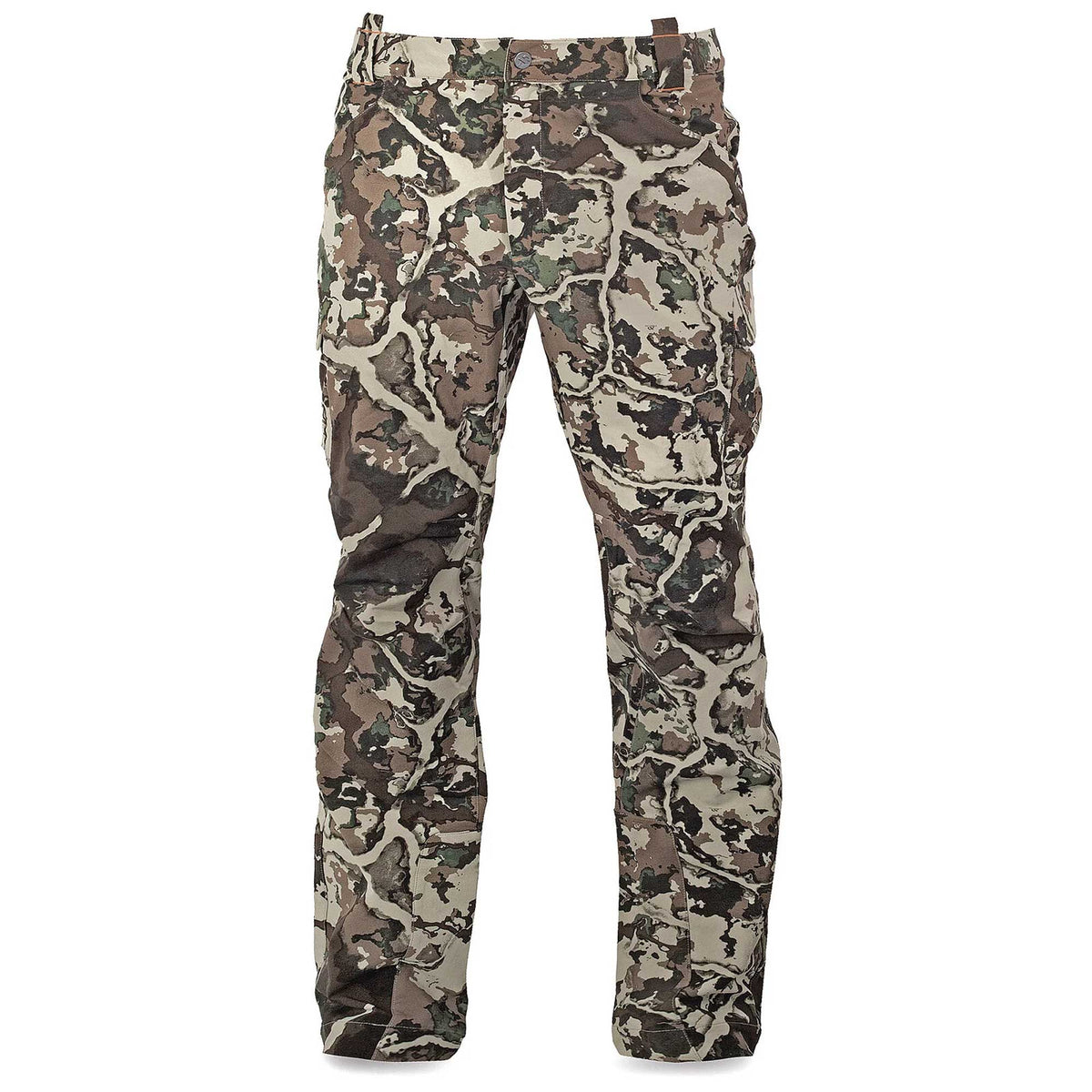 Camouflage pants in tan, brown, and green with an organic branching pattern, button closure, and side pockets.