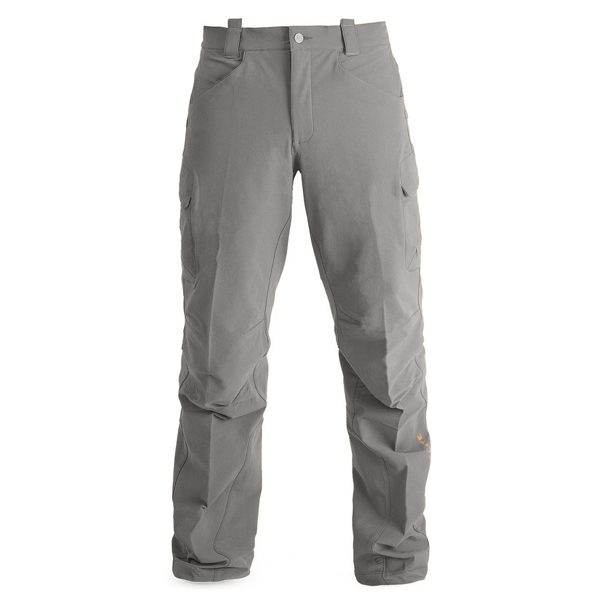 Grey cargo pants featuring belt loops, front slash pockets, two side cargo pockets, articulated knees, and elasticized cuffs.