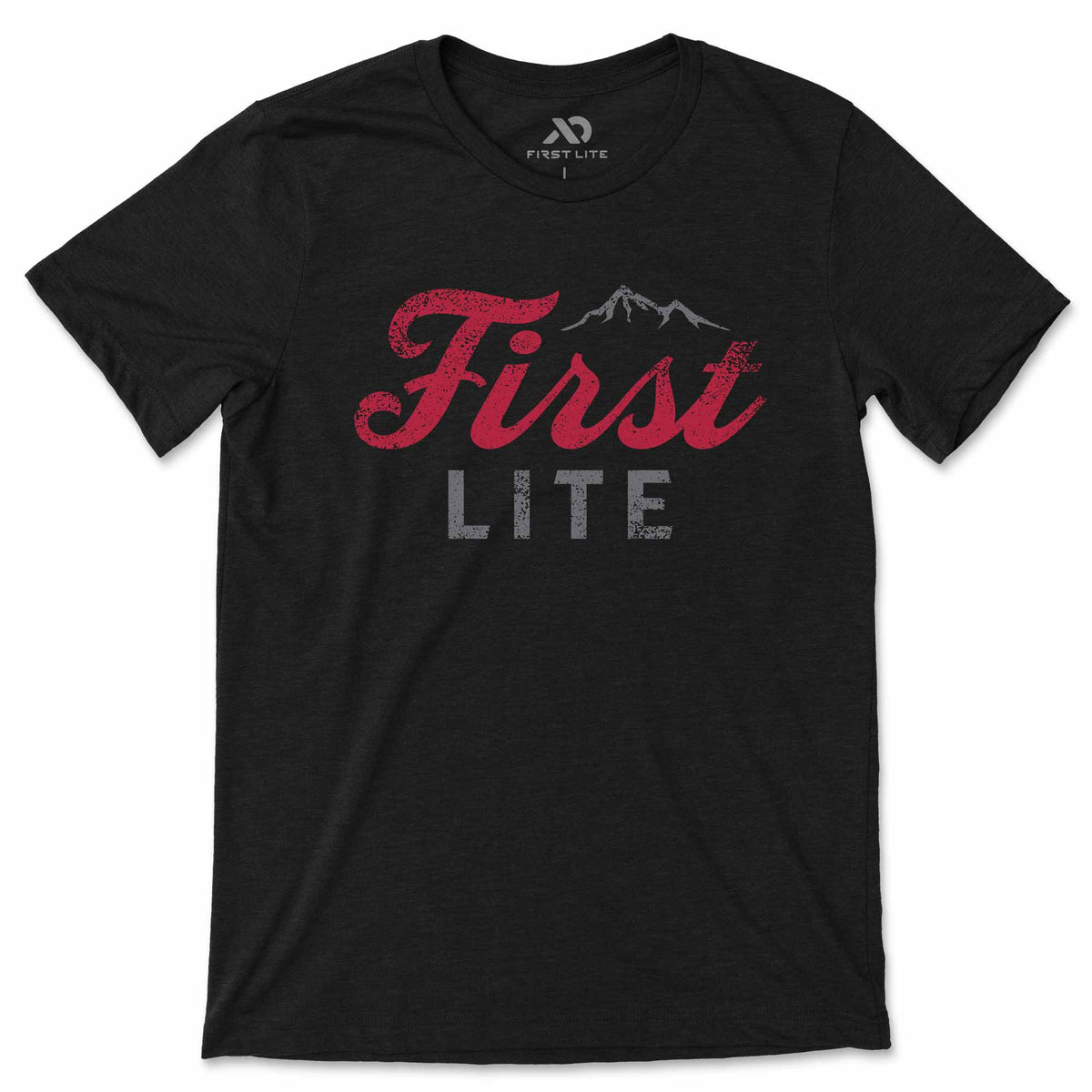 Black t-shirt with red and gray 'First Lite' logo on a white background