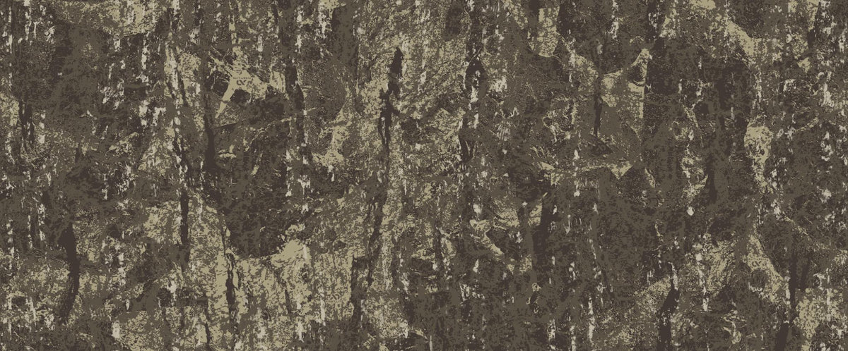 Dark brown and tan camouflage fabric with textured, bark-like pattern.