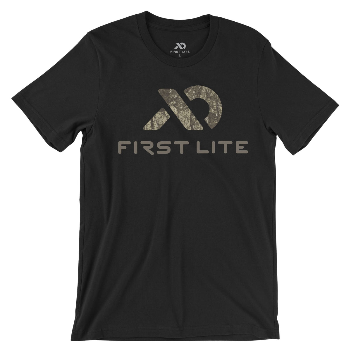 Black t-shirt with a distressed camouflage logo above "FIRST LITE" text