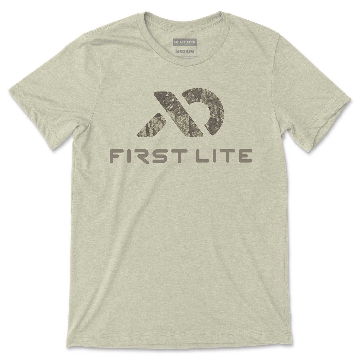 Heathered sage green t-shirt with a distressed camouflage logo above "FIRST LITE" text, and "MeatEater Medium" neck tags.