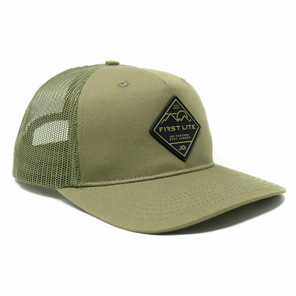 Olive green trucker hat with a mesh back and a black diamond-shaped First Lite logo patch on the front.