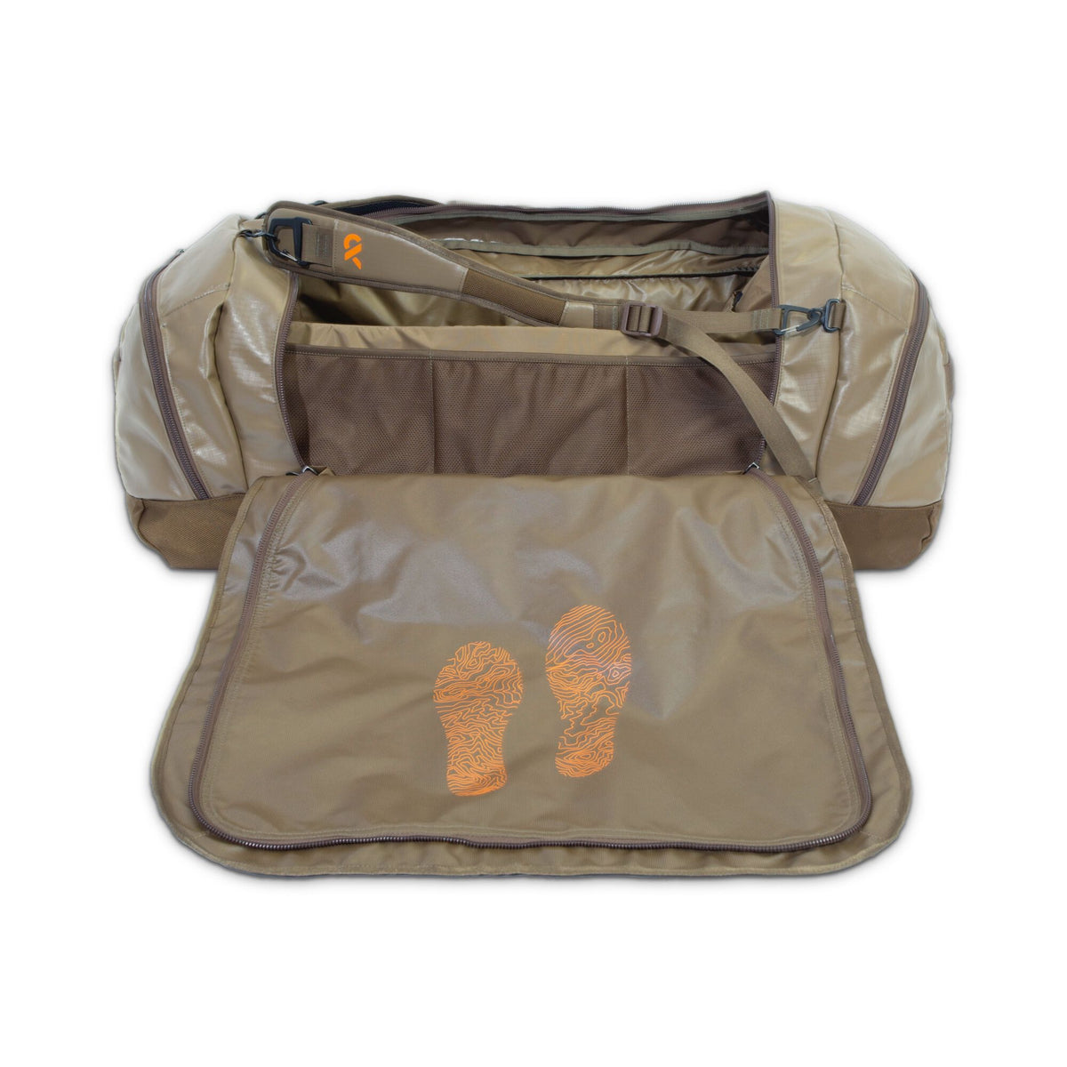 Tan duffel bag with an orange logo on its shoulder strap and two orange contour-line footprint graphics on an unzipped inner flap.