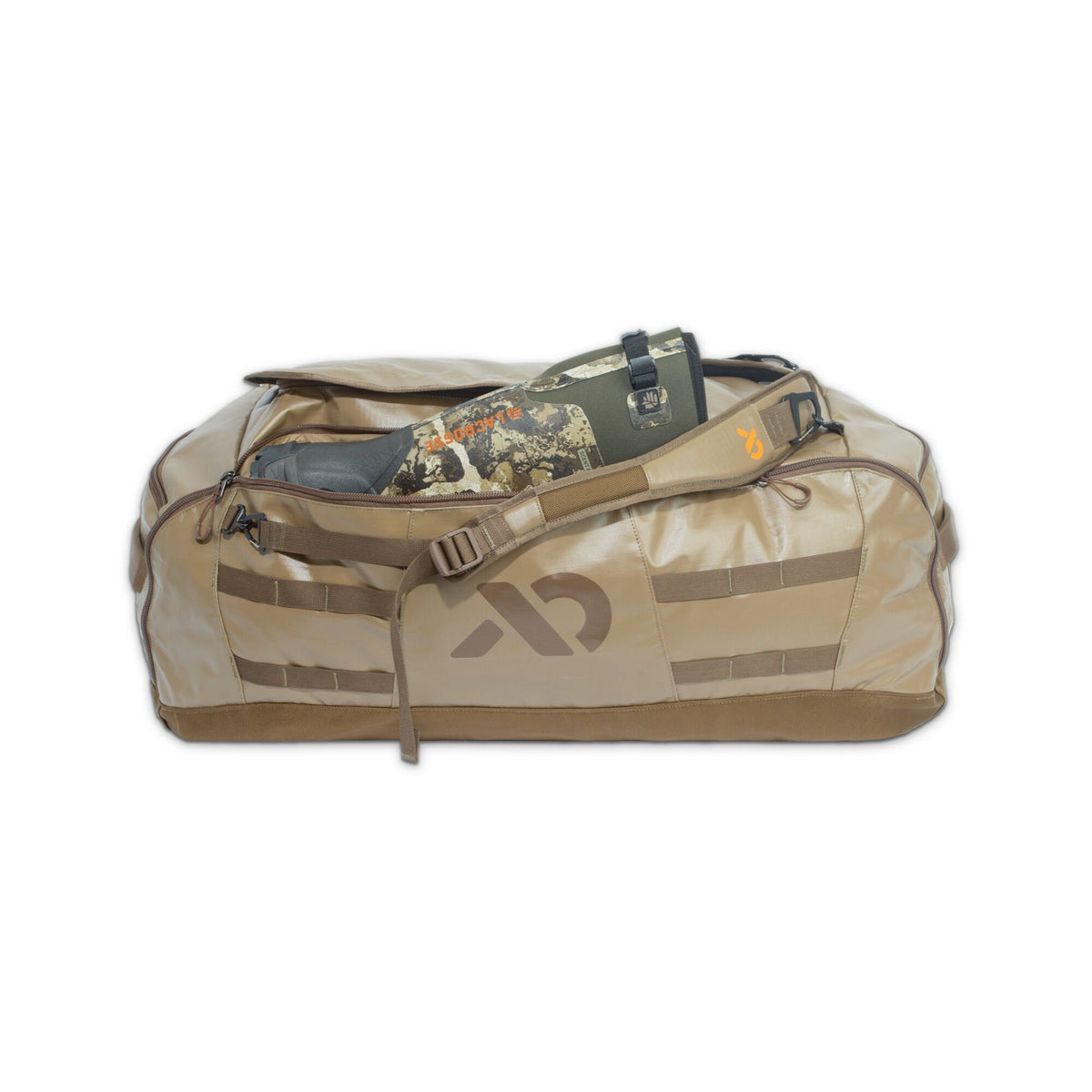 Tan duffel bag with an open top, revealing a camouflage boot and side webbing.