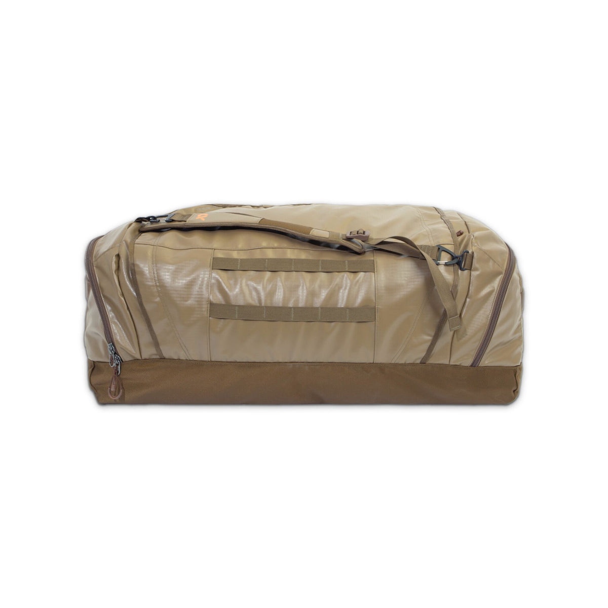Tan and brown duffel bag with horizontal webbing straps and zippered end pockets.