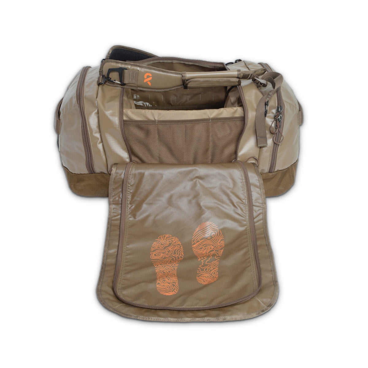 Tan duffel bag with its top open, revealing interior mesh pockets and a front flap featuring two orange topographic footprint designs.