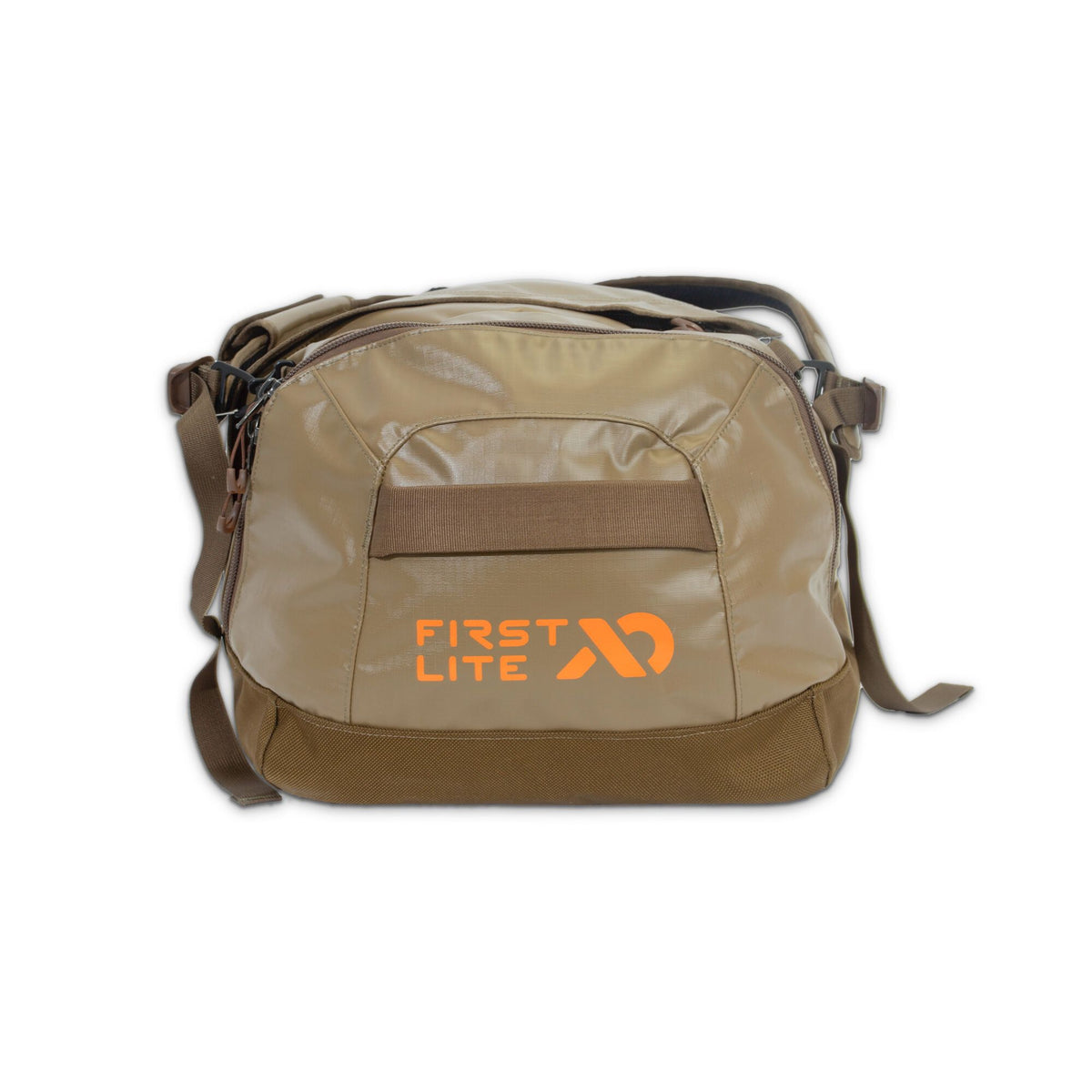 Two-tone tan and brown First Lite duffel bag with an orange logo and a front grab strap.