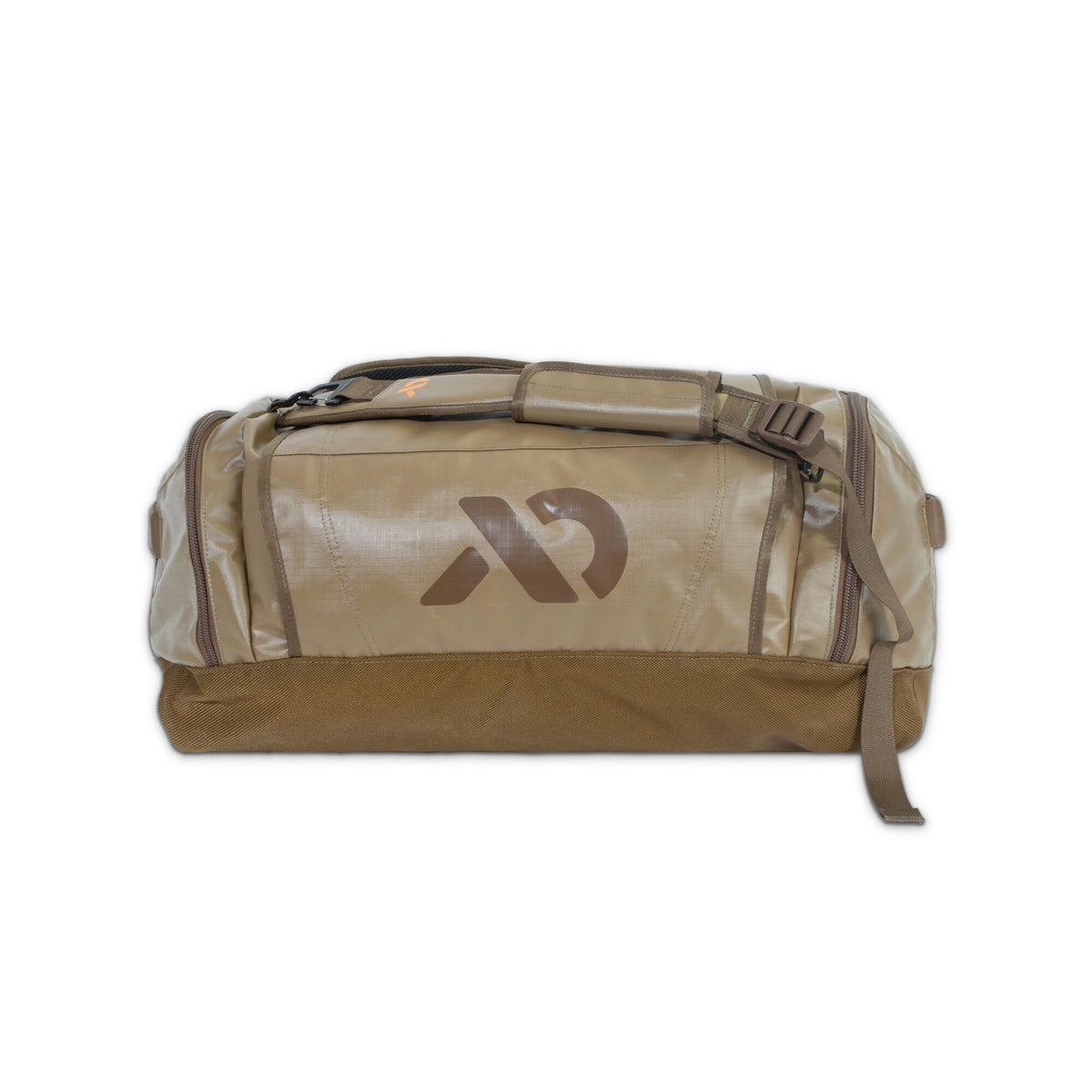 Two-tone khaki and brown duffel bag with a large stylized AD logo, a padded carrying strap, and side zippers.