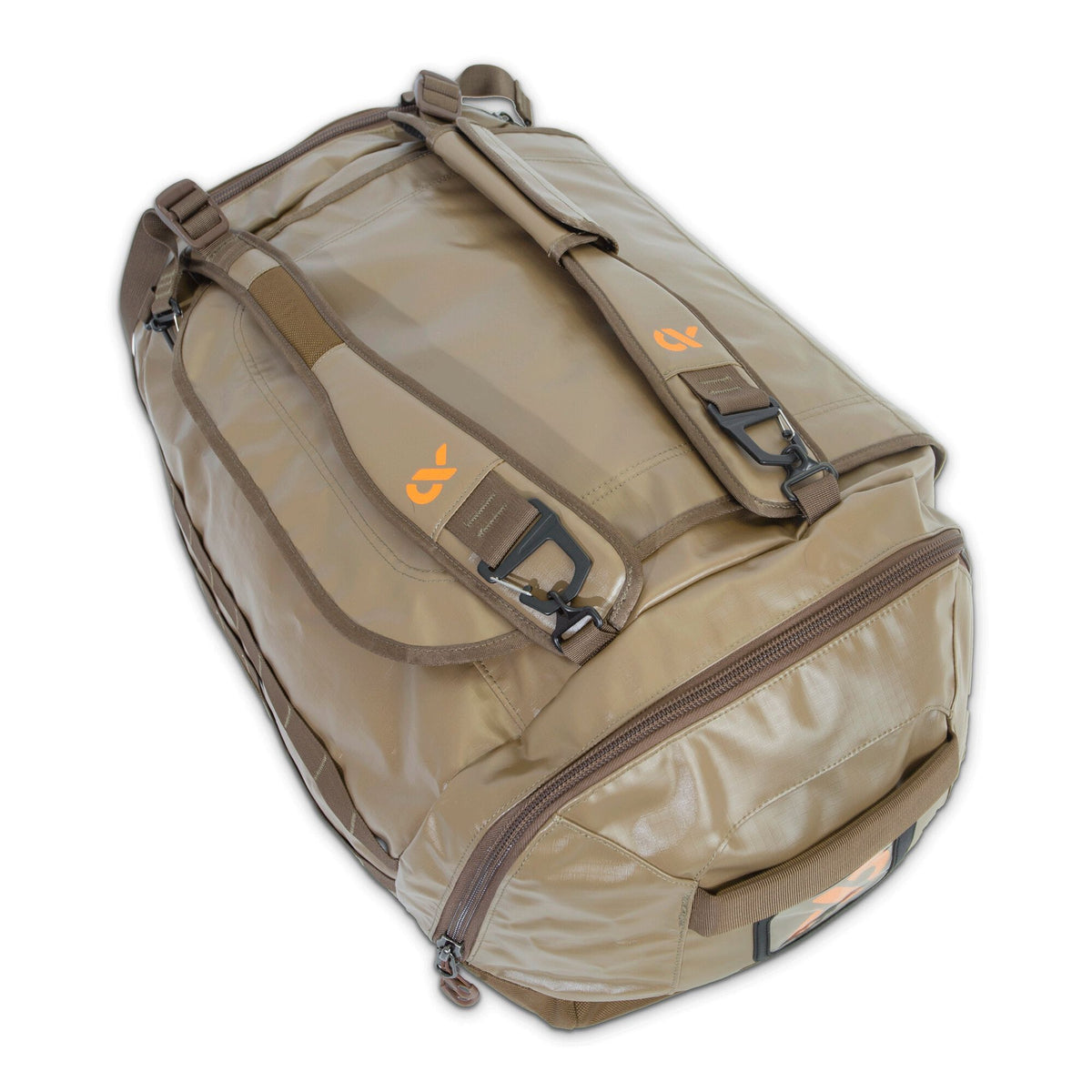 Khaki waterproof duffel bag with padded backpack straps, black clips, prominent zippers, and orange logos.