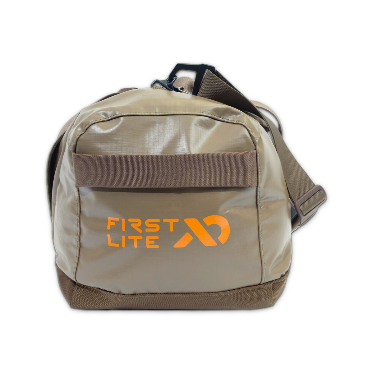 Tan First Lite gear bag with an orange logo, a brown horizontal front strap, and an adjustable shoulder strap.