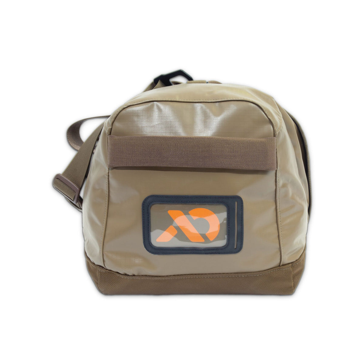 Tan duffel bag with a clear ID window revealing an orange logo, featuring a dark brown base and shoulder strap.