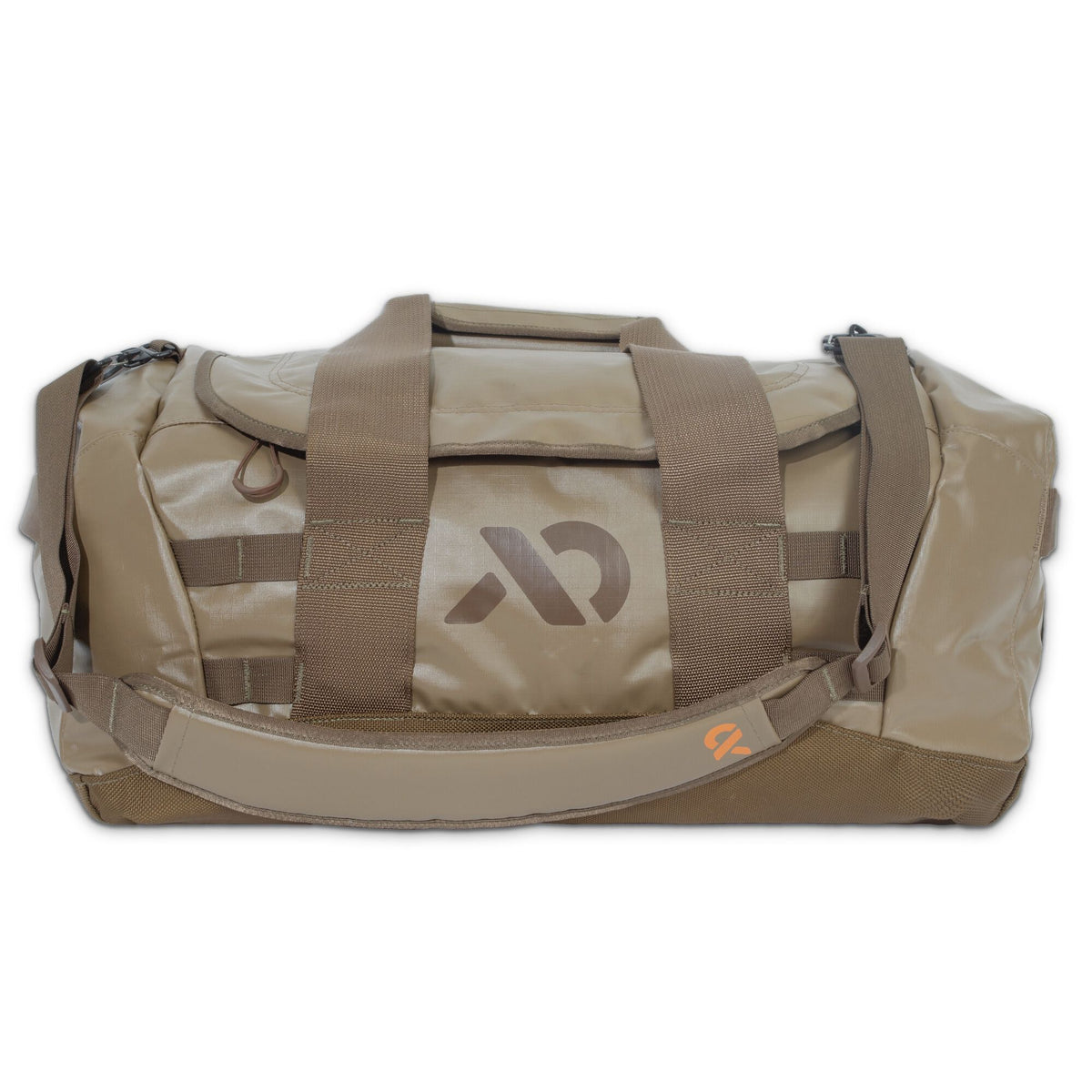 Light tan duffel bag with top handles, a detachable shoulder strap, and a dark logo on the front.