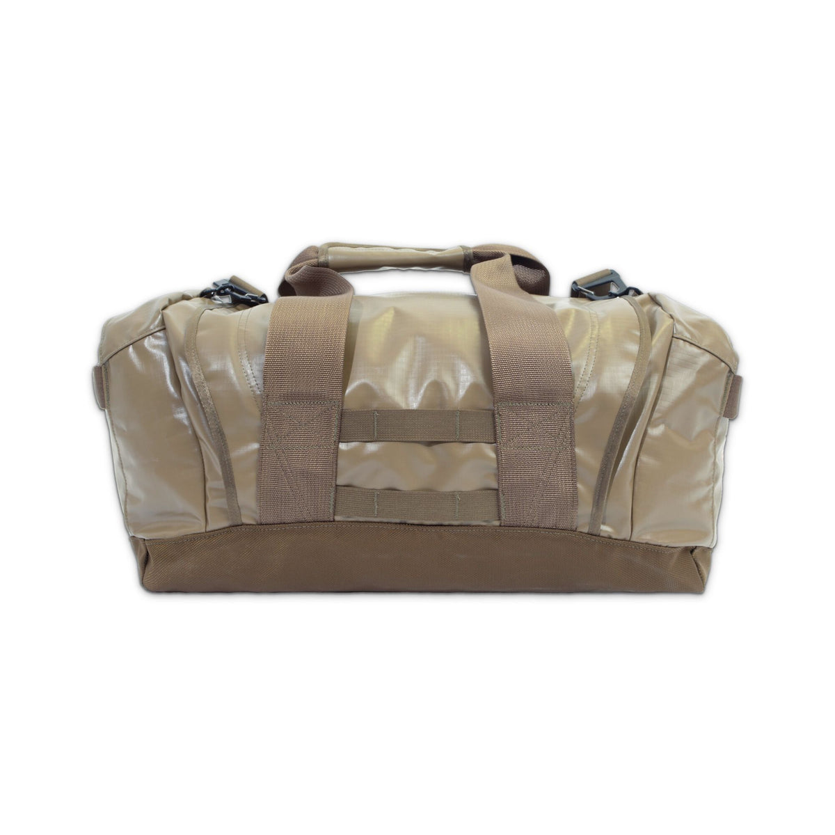 Coyote tan duffel bag with a shiny finish, darker brown reinforced base, top carry handles, and front horizontal webbing.
