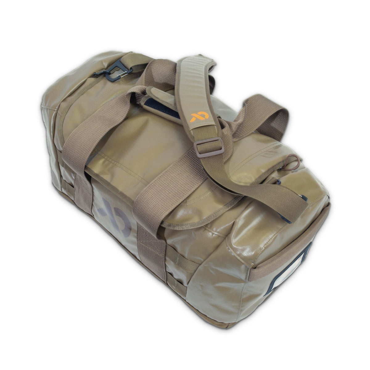 Glossy khaki duffel bag with tan webbing straps, a padded shoulder strap featuring an orange logo, a black carabiner, and an ID window.