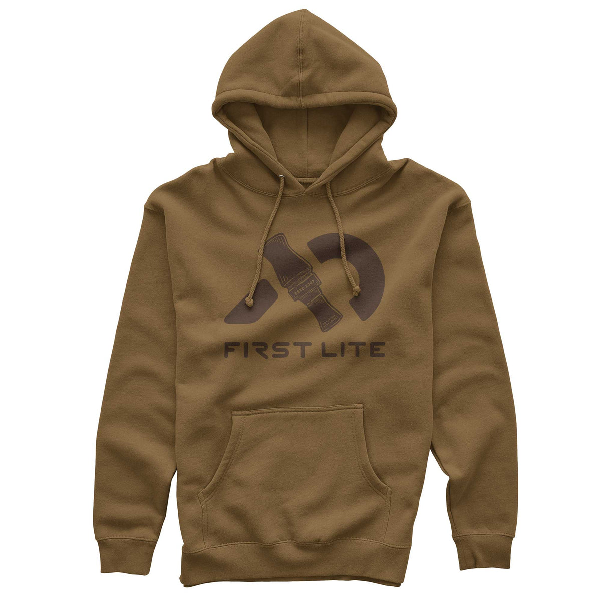 Coyote brown hoodie featuring drawstrings, a kangaroo pocket, and a dark brown graphic of a duck call with "FIRST LITE" text.