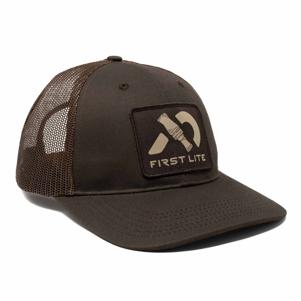 Dark brown trucker cap with mesh back and a front patch featuring a tan First Lite logo and text.