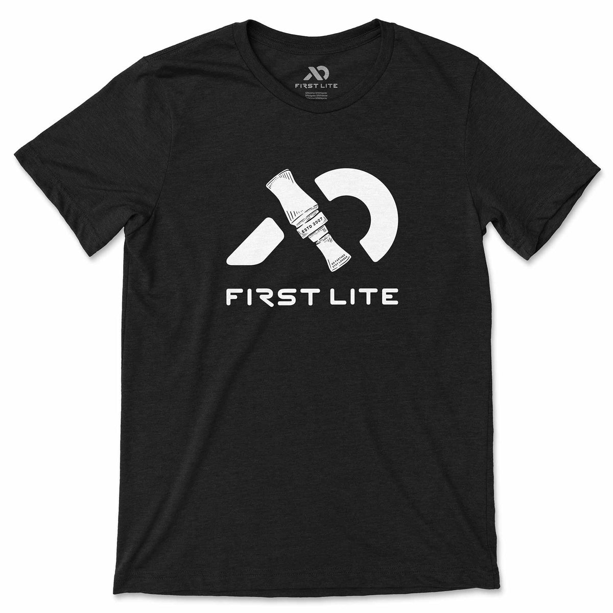 Black heathered t-shirt featuring a white First Lite logo with a duck call design and "ESTD 2007" text.