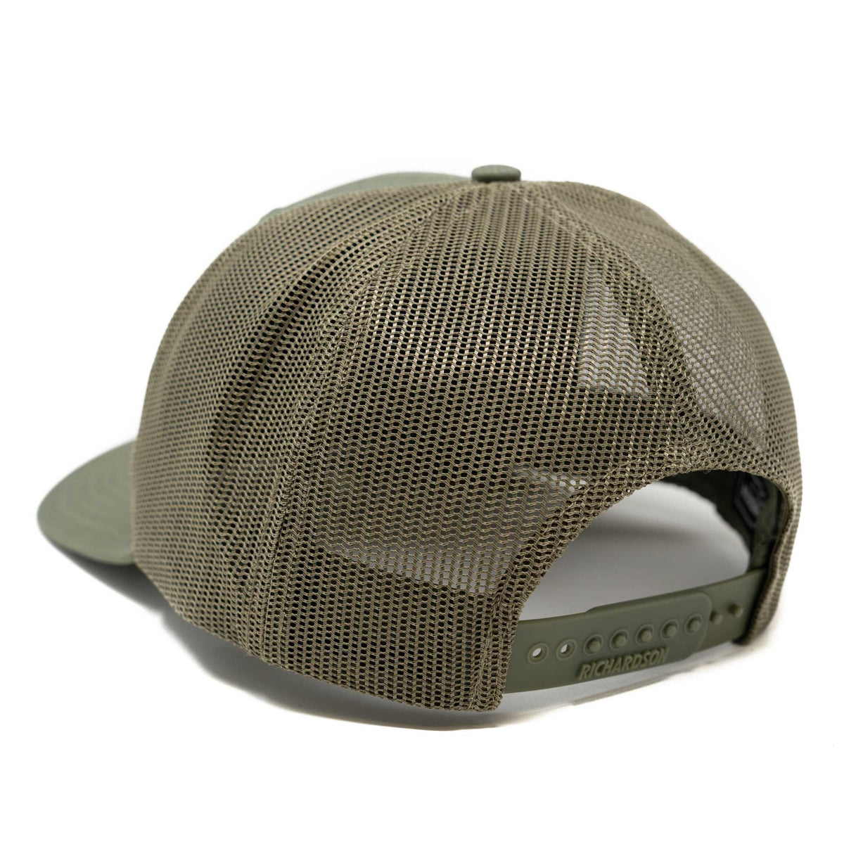 Rear view of an olive green trucker cap with a mesh back and Richardson snapback closure.
