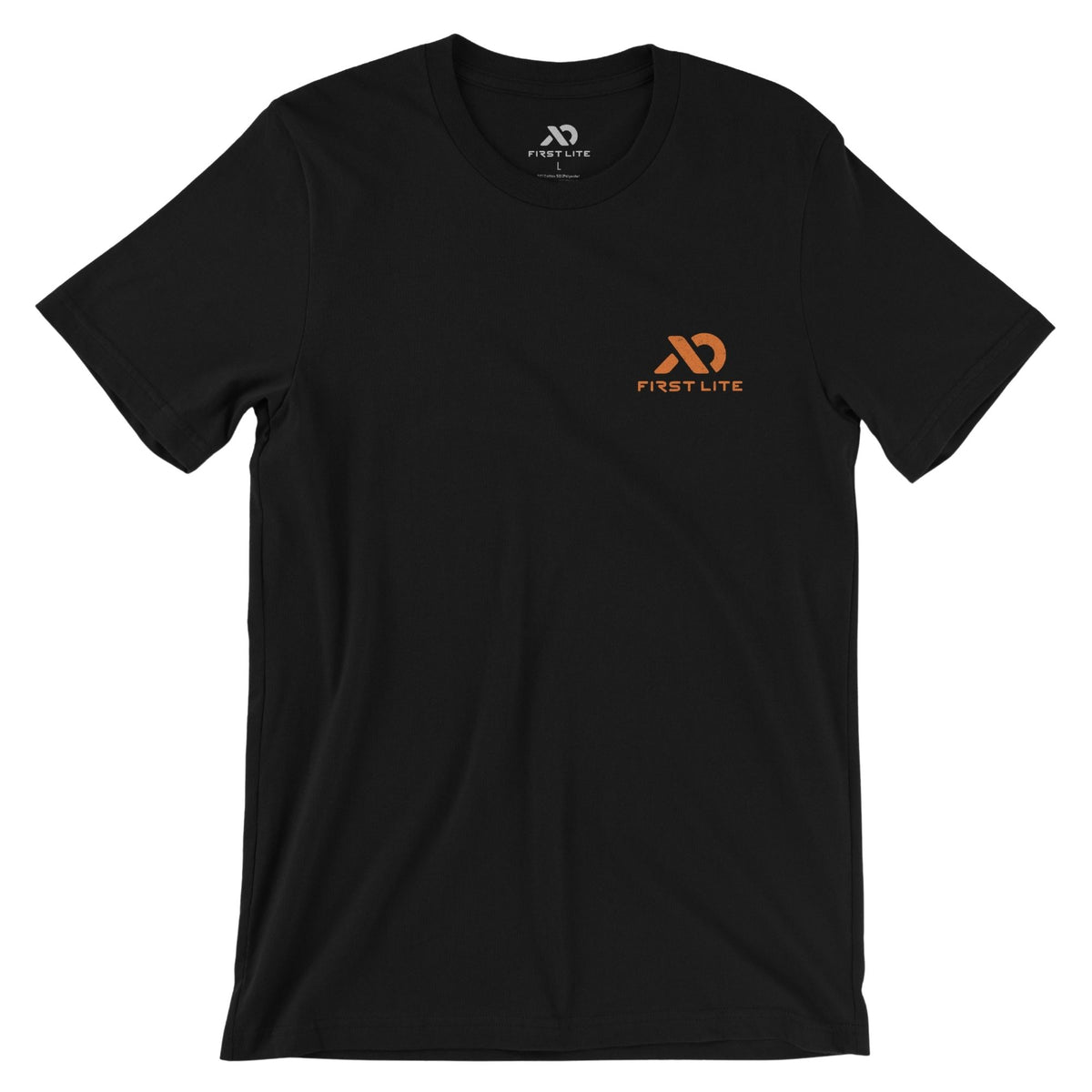 Black T-shirt featuring orange FIRST LITE branding on the left chest.
