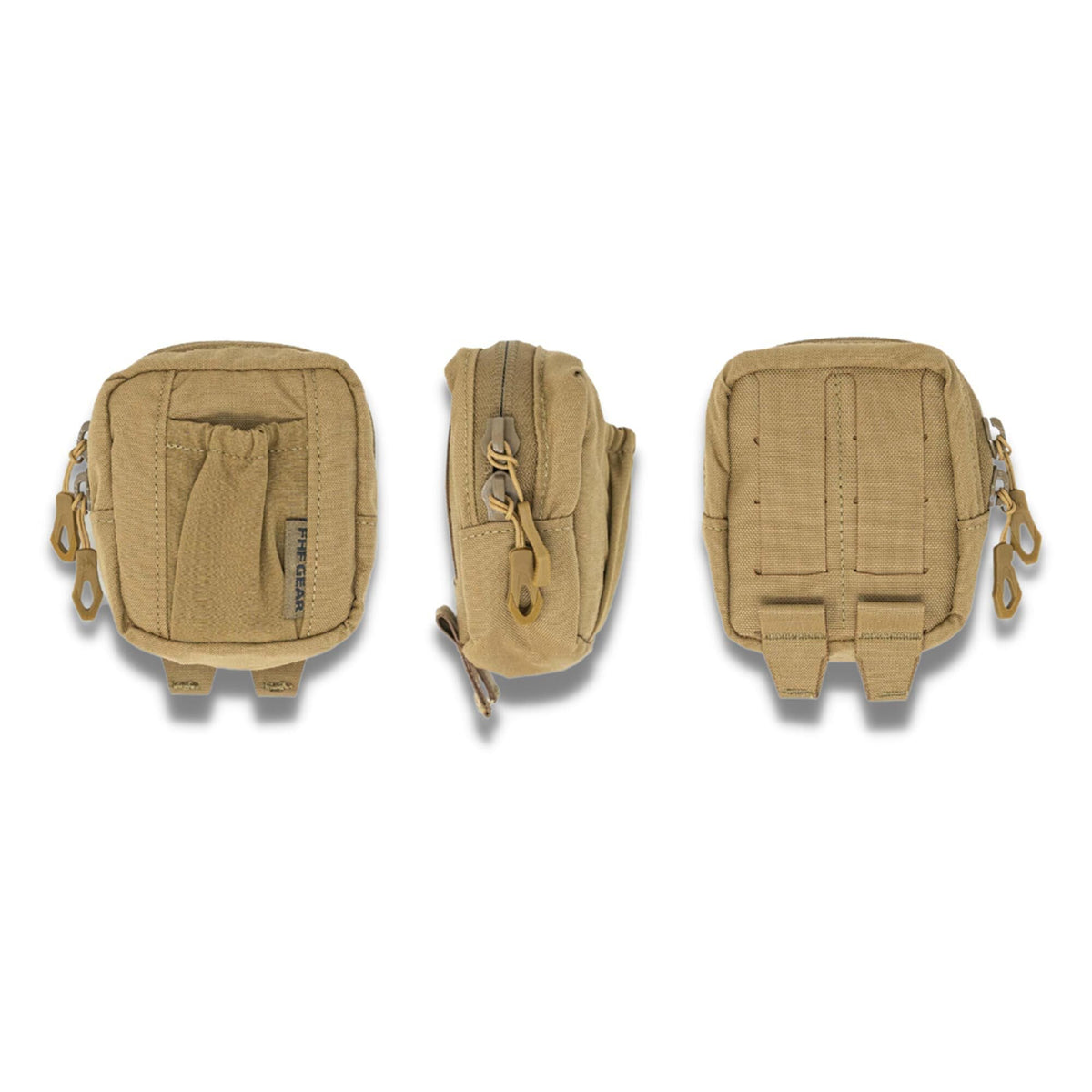 Coyote brown tactical pouch shown from three angles, with an elasticized front pocket, zippered main compartment, and two rear MOLLE straps.