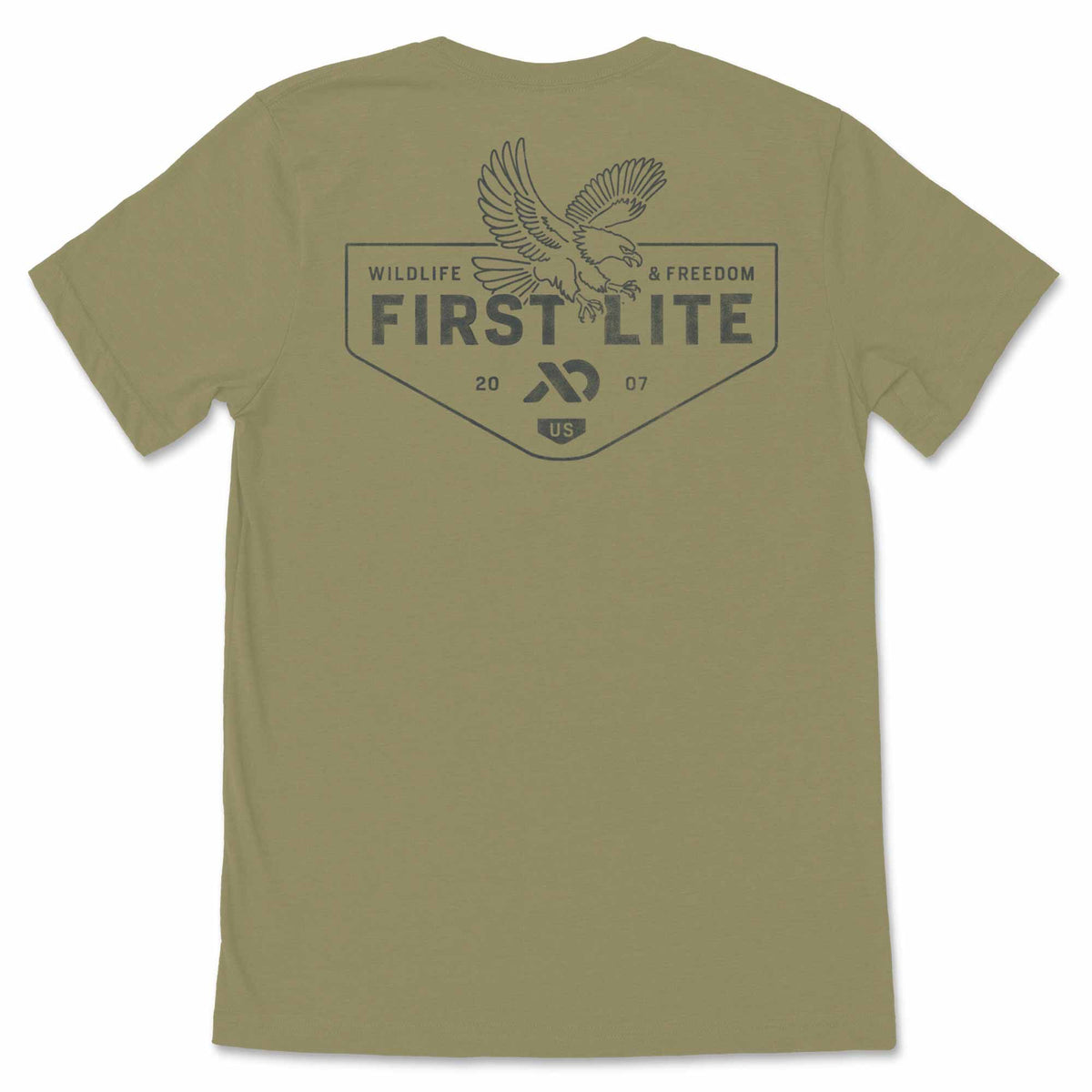 Olive green t-shirt with a dark gray back graphic featuring an eagle above "FIRST LITE" text and "WILDLIFE & FREEDOM".