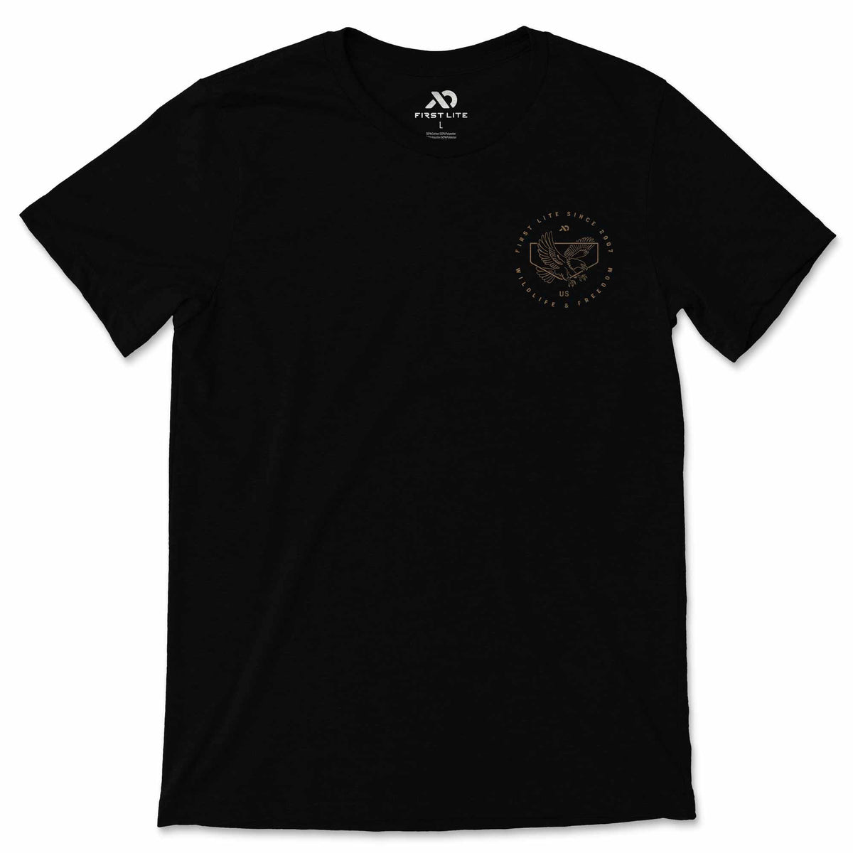 Black t-shirt with a white "FIRST LITE" neck tag and a bronze circular chest graphic featuring an eagle and text.