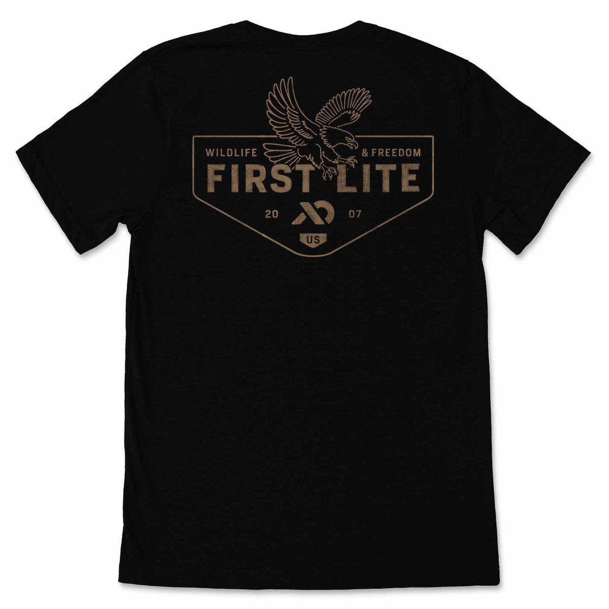 Black t-shirt featuring a gold shield-shaped graphic on the back with an eagle, "WILDLIFE & FREEDOM FIRST LITE", and "20 X 07 US" text.