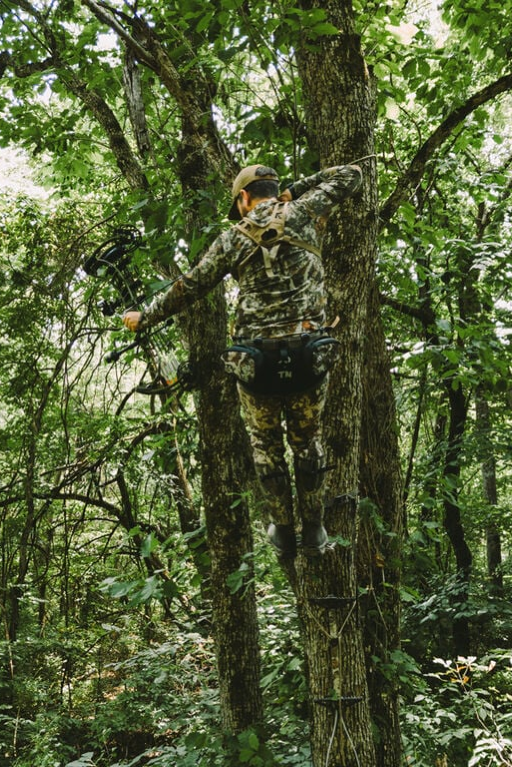 Green camo saddle system with 'TN' hip pack worn by hunter holding bow in a tree.