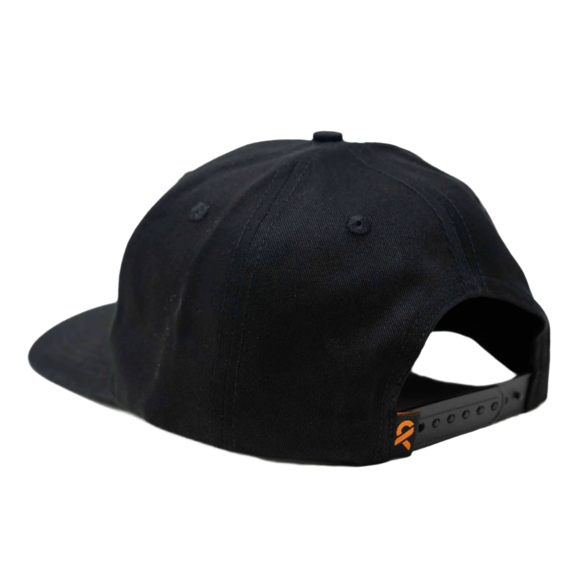 Black flat-brimmed snapback hat with an orange logo tag on the back.