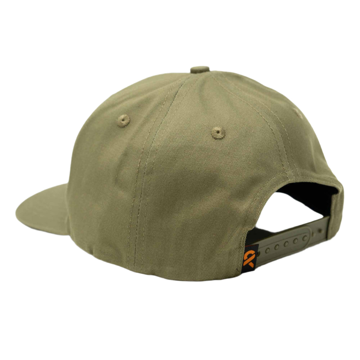 Olive green baseball cap with a snapback closure and a small orange logo tag on the back.