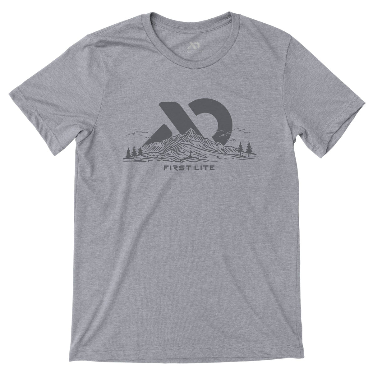 Light gray T-Shirt with dark gray 'FIRST LITE' logo with mountain peak