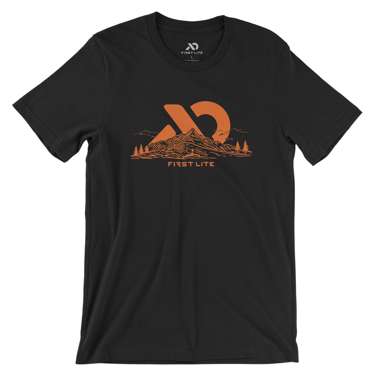 Black T-Shirt with orange 'FIRST LITE' logo with mountain peak