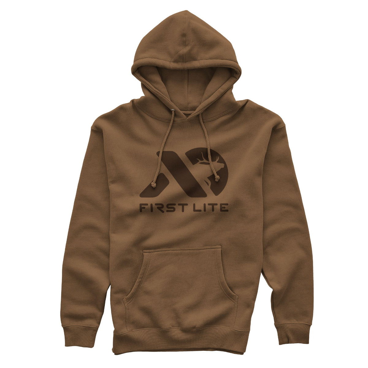 Brown hoodie with a dark brown First Lite logo featuring a deer head silhouette, drawstring hood, and kangaroo pocket.