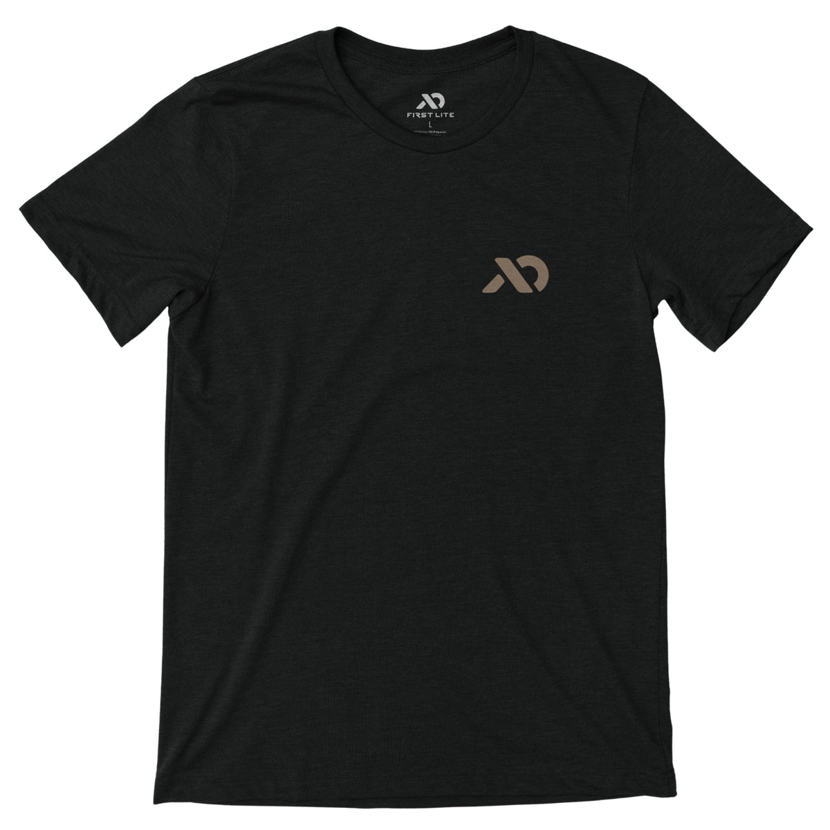 Black T-Shirt with a light brown abstract logo on the left chest