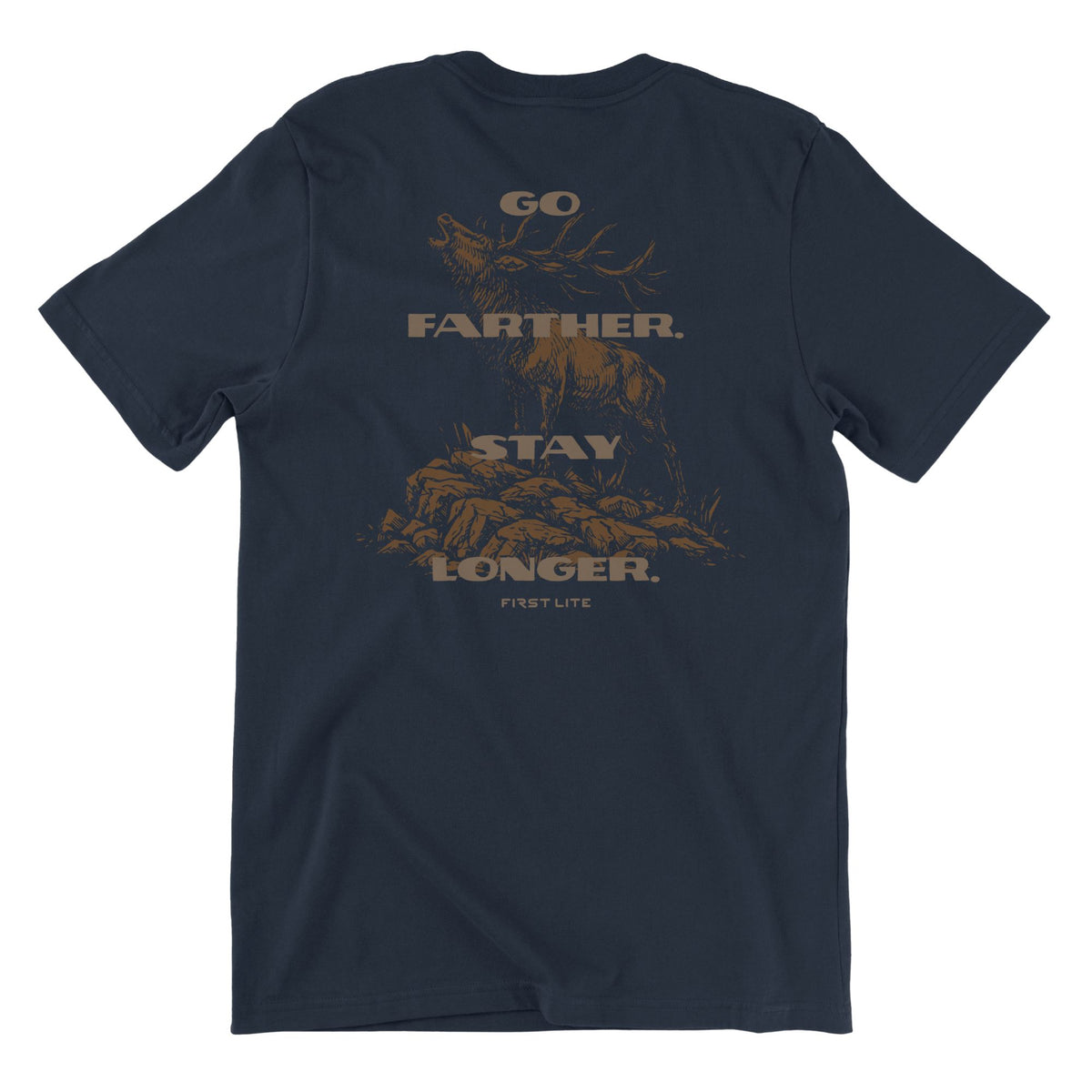 Navy T-Shirt with brown text "GO FARTHER. STAY LONGER." and "FIRST LITE" with a brown elk in the background.